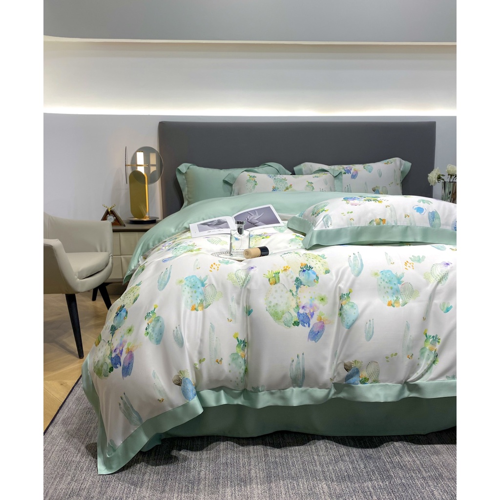 Bộ chăn ga gối 5 món 100%Tencel 60s, họa tiết Cây xương rồng màu sắc tươi sáng và sang trọng, chất liệu mềm mịn mát