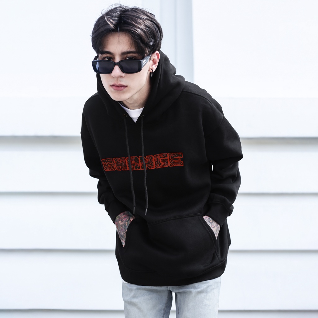 Áo Hoodie Thêu Chữ Change-Họa Tiết Bandana Màu Đen Chất Liệu Vải Nỉ Bông Cotton