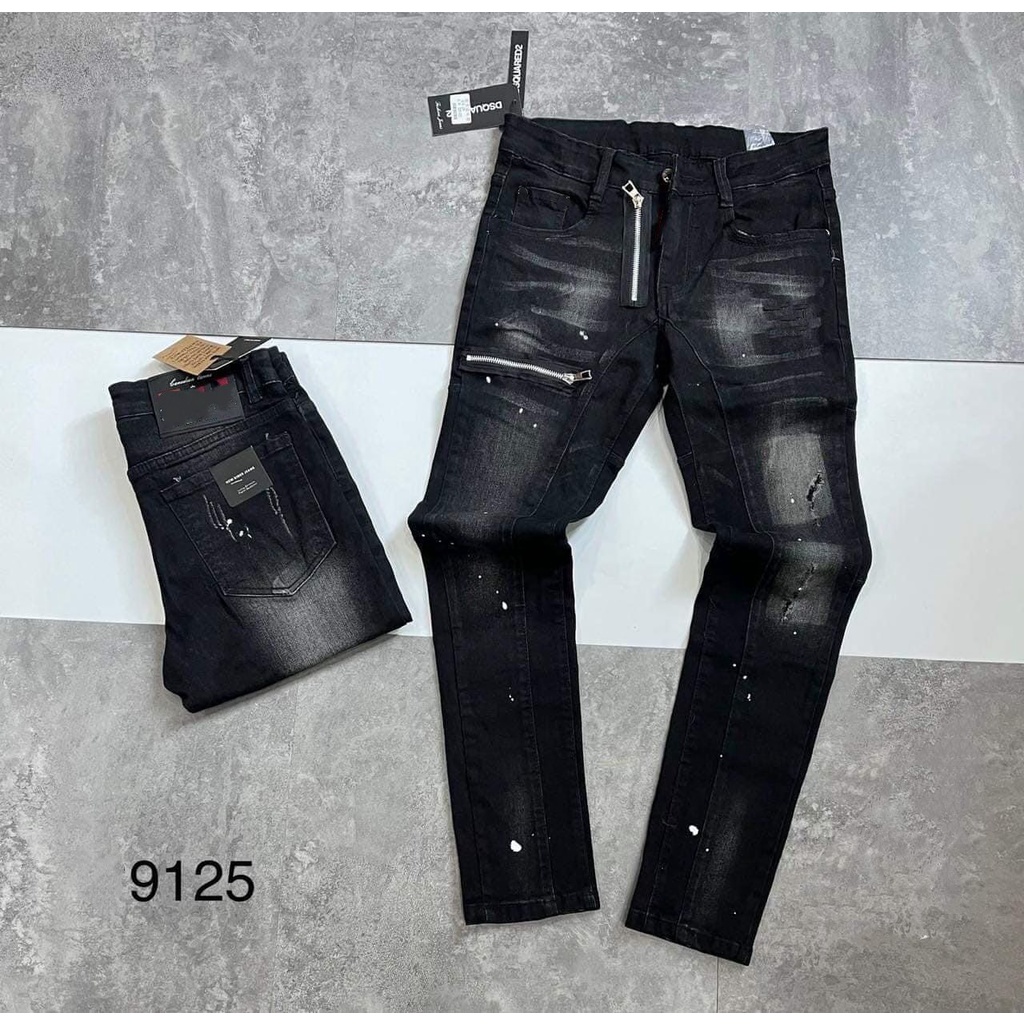 Quần Jean Khoá Gối Dáng Slim Fit, Jean nam đen