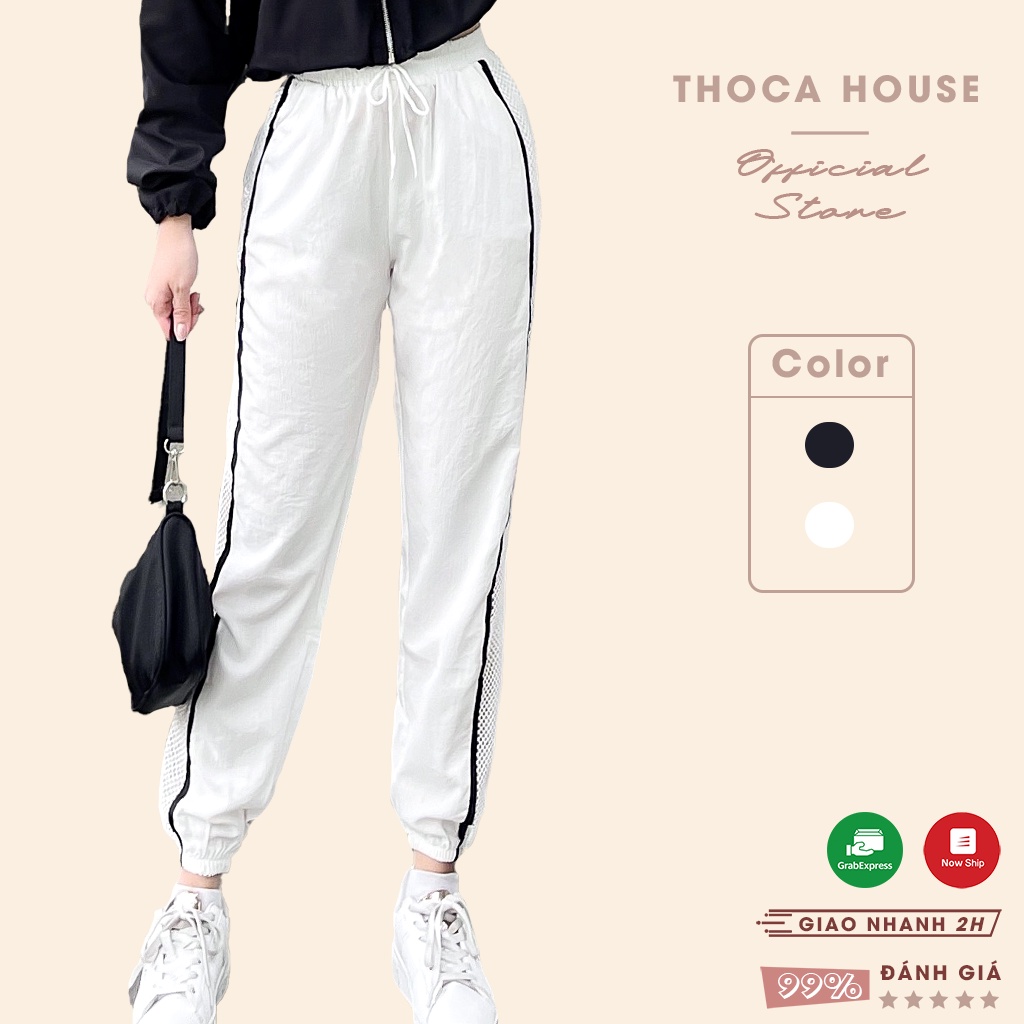 Quần dài jogger nữ sọc lưới bên trắng, đen THOCA HOUSE thể thao năng động, tự tin cá tính