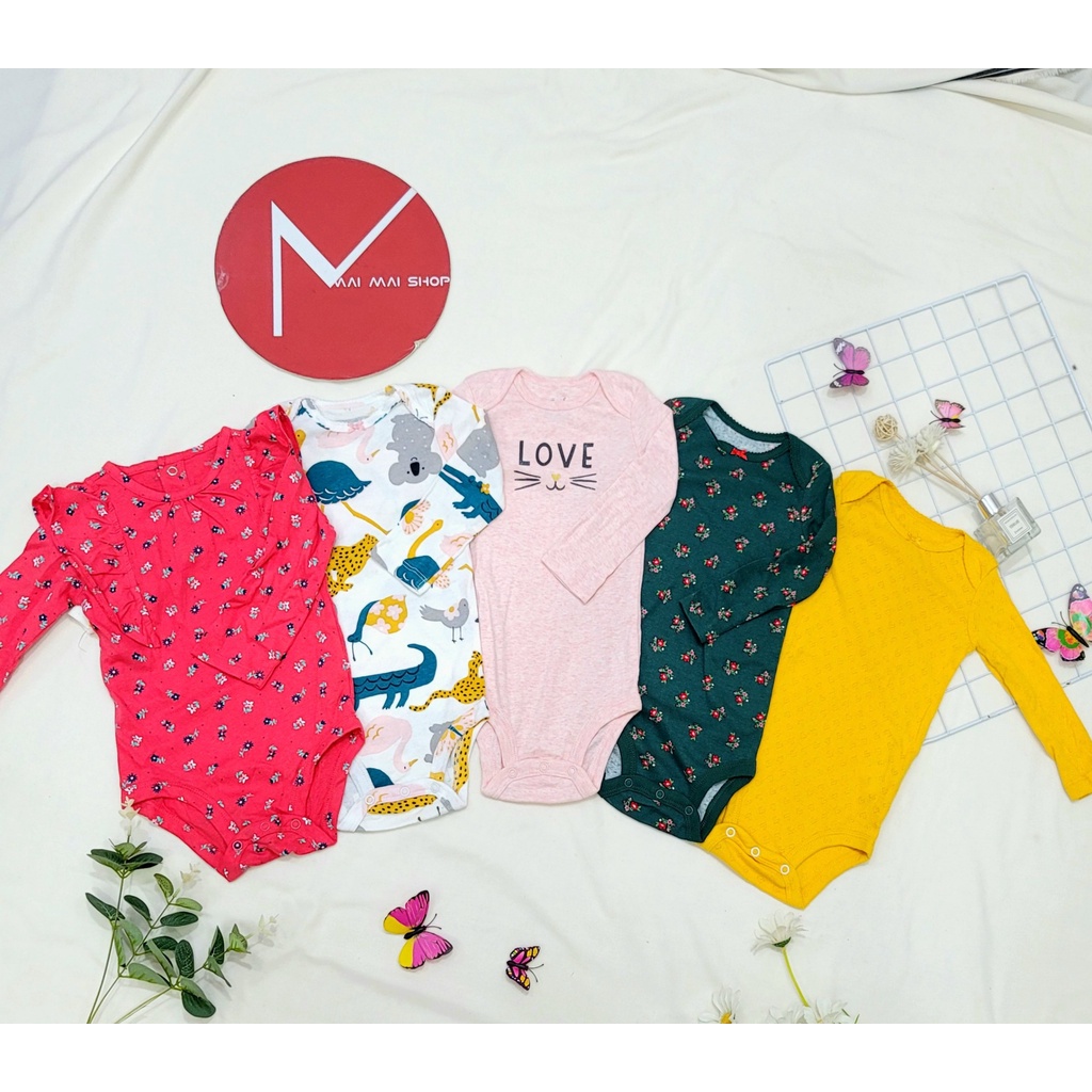 (9-12M chọn màu- gái) Body chip TAY DÀI xuất dư cổ tròn, cổ đáp vai cho bé gái- Bộ liền thân, BODYSUIT cho bé