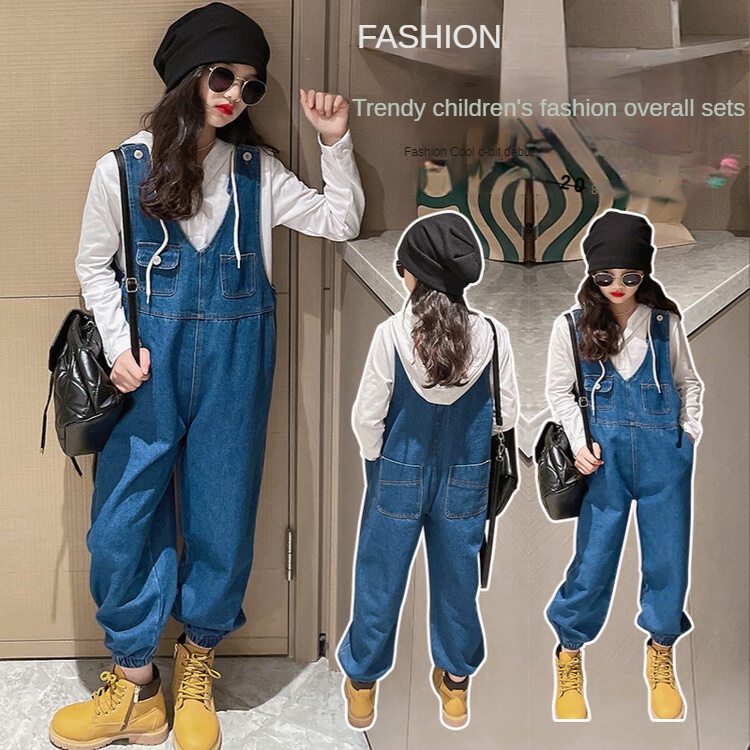 Bộ Áo Thun Tay Dài Kèm Quần Yếm Denim Thời Trang Dành Cho Bé Gái 5-6 Tuổi 7-8 Tuổi 9-10 Tuổi 11-12 Tuổi