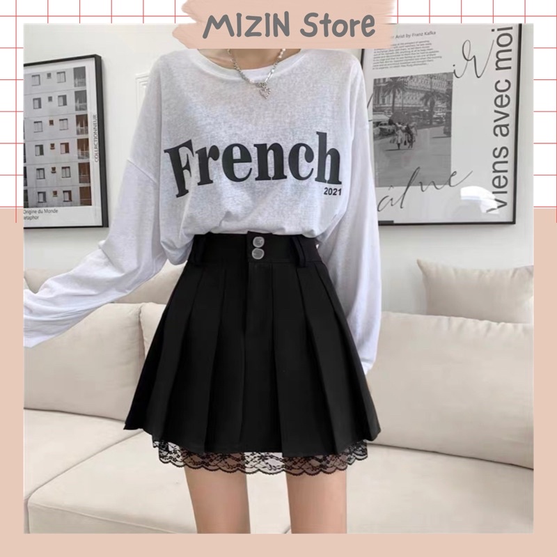 Chân váy xếp ly ngắn phối ren , váy xếp ly tennis lưng cao chất tuyết mưa cao cấp - MIZINSTORE