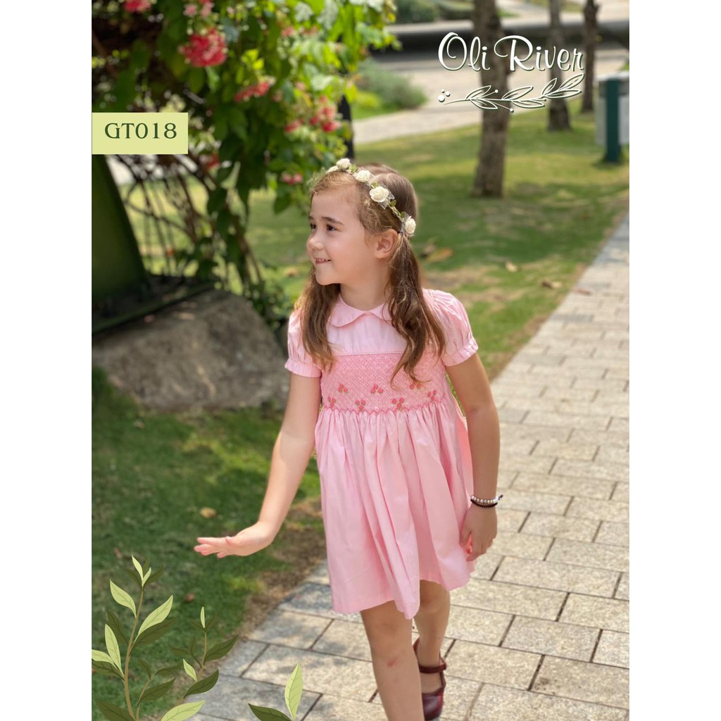 GT018 - Váy smock hồng thiết kế cổ sen, tay bồng xếp ly điệu đà lạ mắt