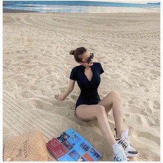 [ÁO TẮM ÁO BƠI LIỀN MẢNH HÀNG HOT + FORM CHUẨN] Bikini một mảnh, bodysuit đen tay ngắn khóa kéo cá tính