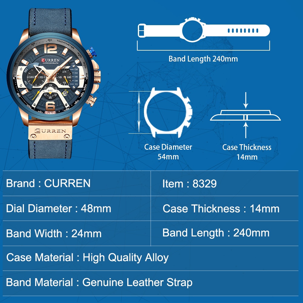 CURREN Top Brand Casual Sport Watches for Men Blue Luxury Military Genuine Leather Strap Wrist Watch Man Clock Fashion Chronograph Wristwatch