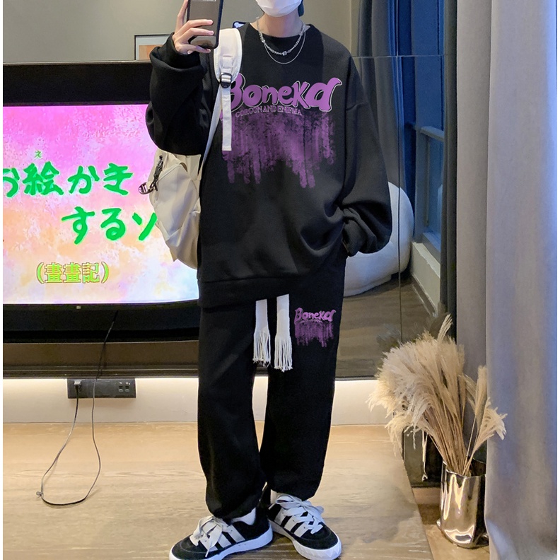 Ifnicefuture Mới Set Áo hoodie Dài Tay Cổ Tròn Dáng Rộng + Quần In Họa Tiết Thời Trang Cho Nam