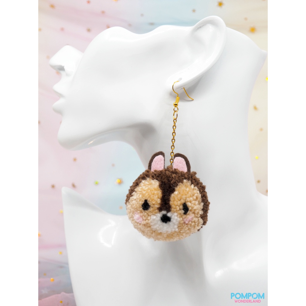 Bông Tai Handmade Sóc Chuột Chip & Dale - Tsum Tsum - Móc Khóa Pompom