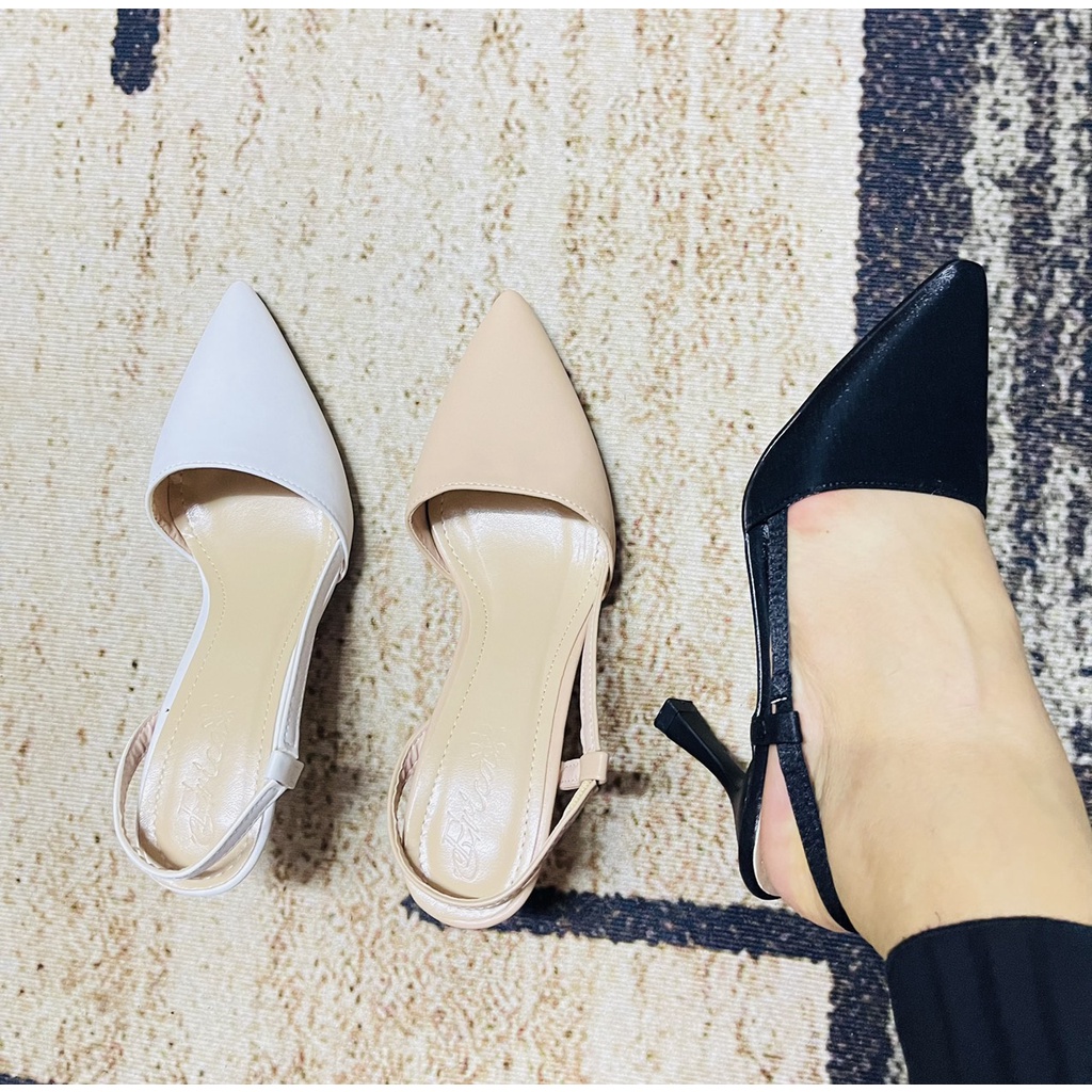 Sandal bít mũi nhọn quai sau khoét lệch gót nhỏ - 7P