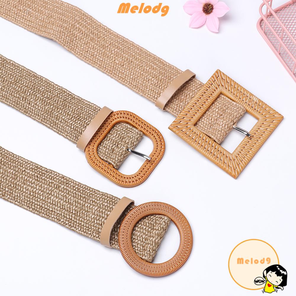 MELODG Women Elastic Waist Chain Casual  Body Jewelry Straw Belt PP Straw Fashion Dress Belt Shirt Wooden Buckle  Wide Jade Clasp Belly Necklace