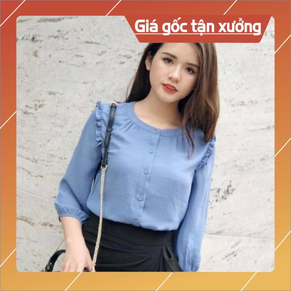 [Chất lượng số 1] Áo sơ mi công sở cổ tròn nhấn bèo vai tay lửng màu xanh thanh lịch thời trang Gloria shop