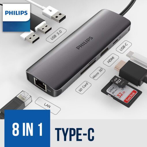 Cáp Type C -&gt; 3 USB 3.0 +HDMI 4K + Lan RJ45 + Thẻ nhớ micro SD/TF + thẻ nhớ SD Philips DLK 5518C/94 , Chuyển Type C 8in1