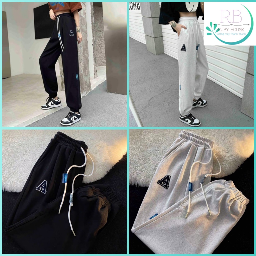 Quần jogger thêu chữ A from quần ống rộng vải bo cotton dầy không xù 2 màu Đen Xám, kèm video ảnh thật