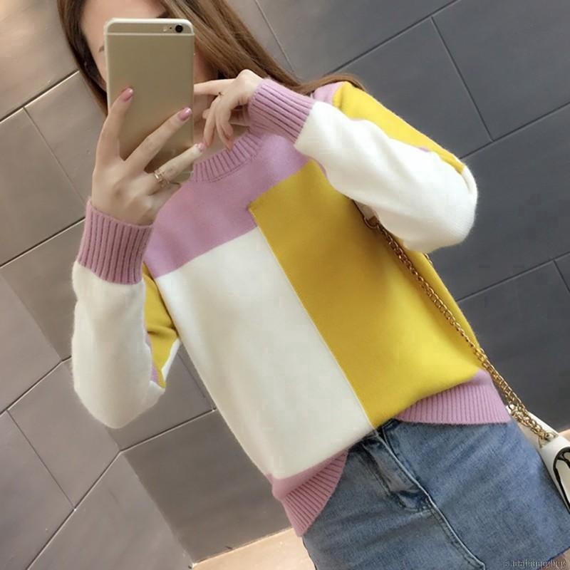 Áo Sweater dệt kim tay dài thiết kế màu tương phản cho phái nữ
