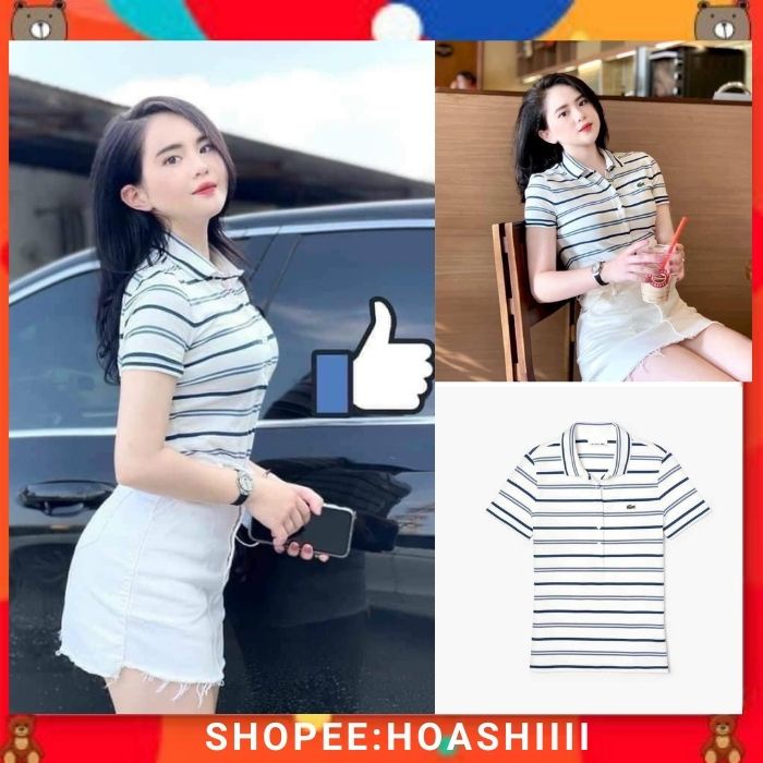 ÁO POLO KẺ LA.COS.TE NỮ CỔ TRỤ Dệt Sọc và Họa Tiết Đẹp Nổi Bật, Thể Hiện Cá Tính, Vải Cá Sấu Cotton Sẵn Hàng Kèm Video