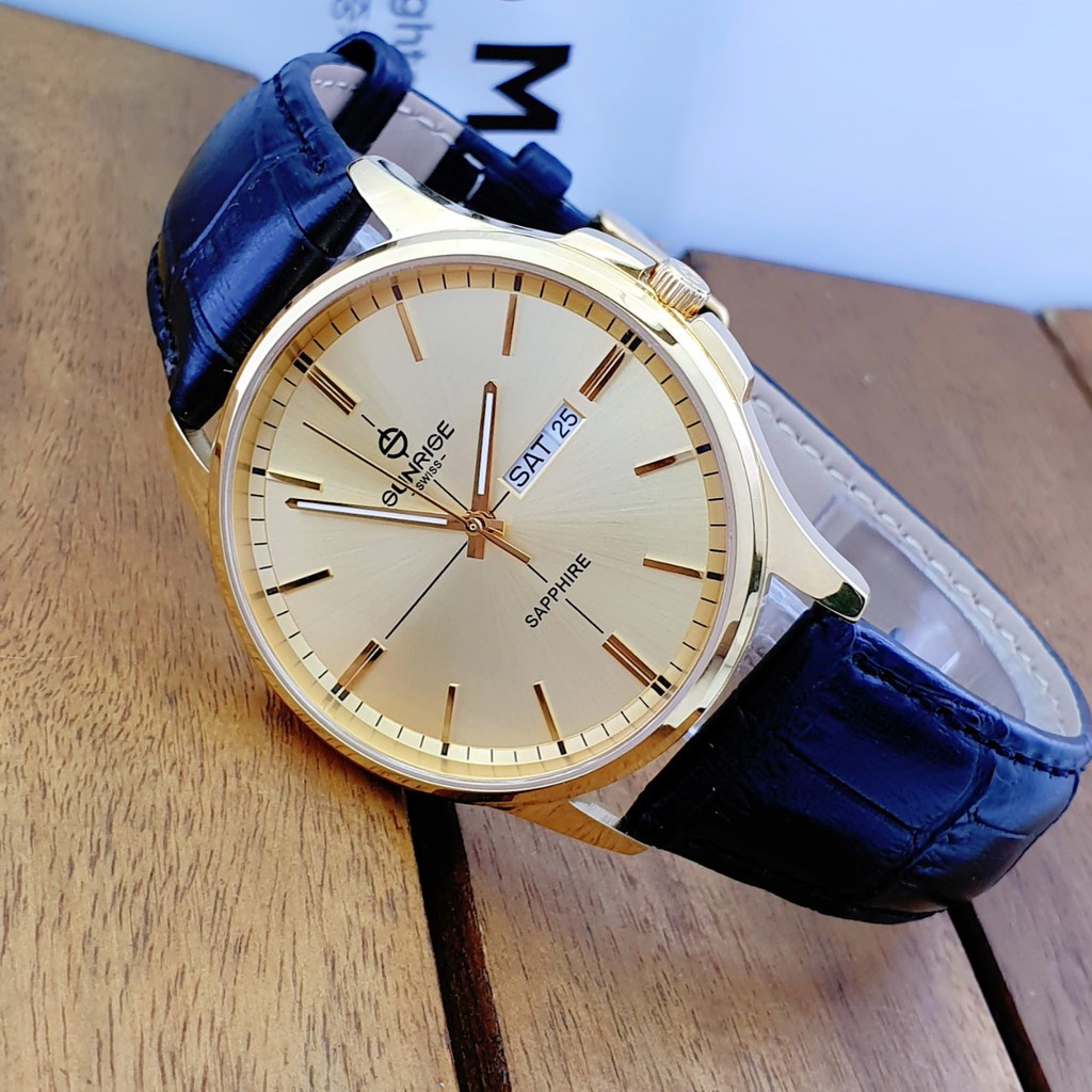 Đồng hồ nam, đồng hồ pin Sunrise dây da DM1143SWA mặt kính sapphire, chống nước mức độ 3ATM