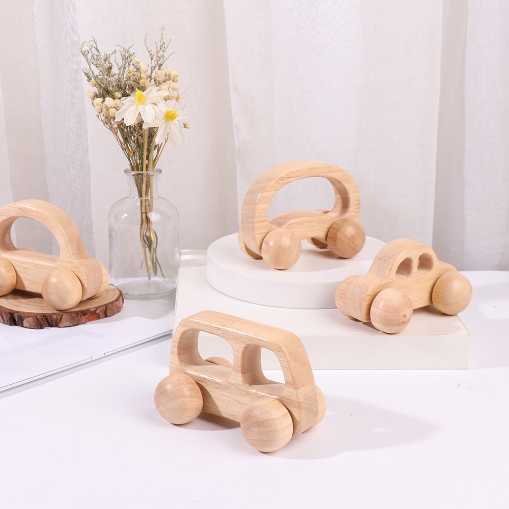 WATTLE Baby Wooden Car Cartoon Baby Teething Montessori Toys Birthday Gift Toys for Newborn Decoration Crafts Hand Push Educational Handwork Car Miniatures