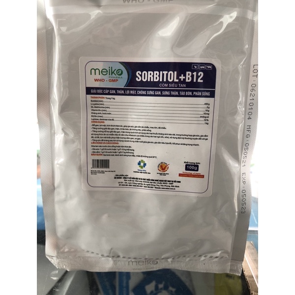 Sorbitol+ b12 giải độc gan thân, lợi mật, chống sưng gan thận, táo bón , phân sống trên thú nuôi gói 100g