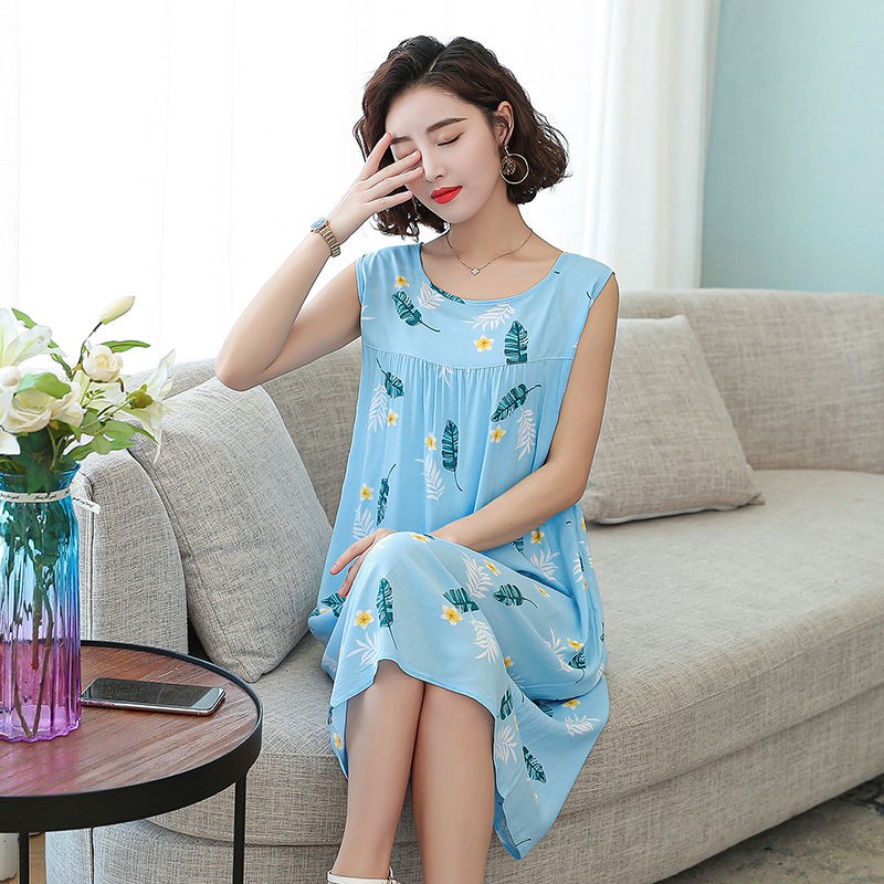 Đồ ngủ & Đồ mặc nhà☈Mùa hè cho người trung niên và cao tuổi váy cotton lụa cỡ lớn mẹ mặc rayon già ngủ mỏng của