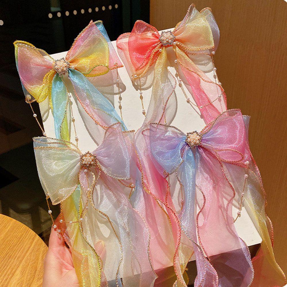 Kẹp Tóc Ruy Băng Dài Màu Cầu Vồng Dễ Thương Cho Bé Gái