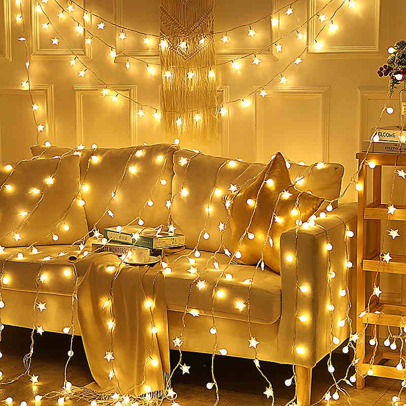 Dây Đèn LED Trang Trí Phòng Ngủ, Cây Thông Noel, Nhà Cửa Ngày Lễ Tết Hình Ngôi Sao Loại 6m 40 Đèn Dùng Pin, USB- Cô Nhím
