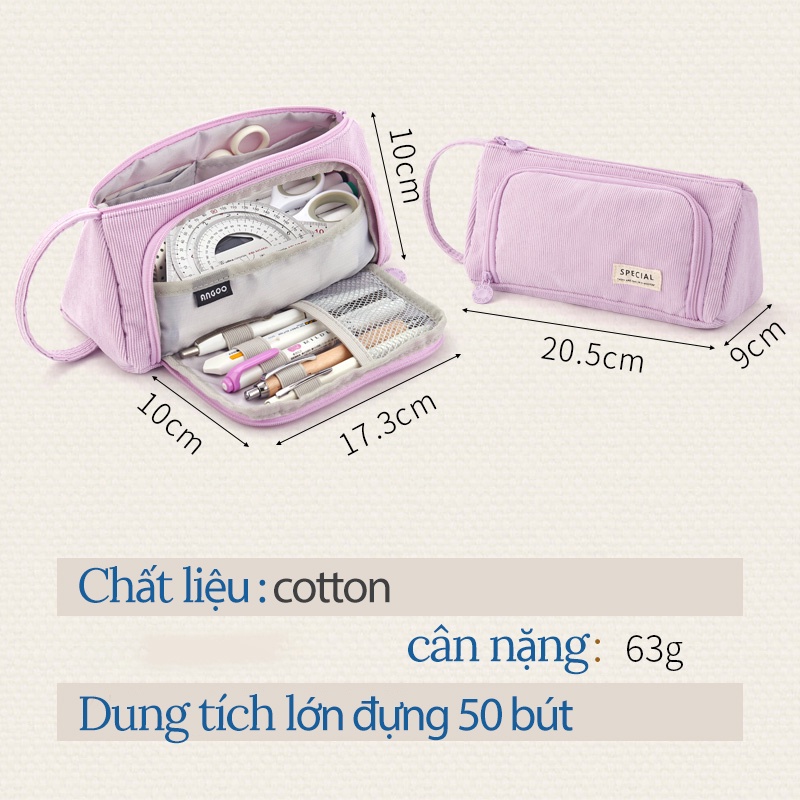 Hộp bút vải canvas Angoo túi bút double pen case bóp viết nhiều ngăn đa năng phong cách hàn quốc 7 màu tùy chọn