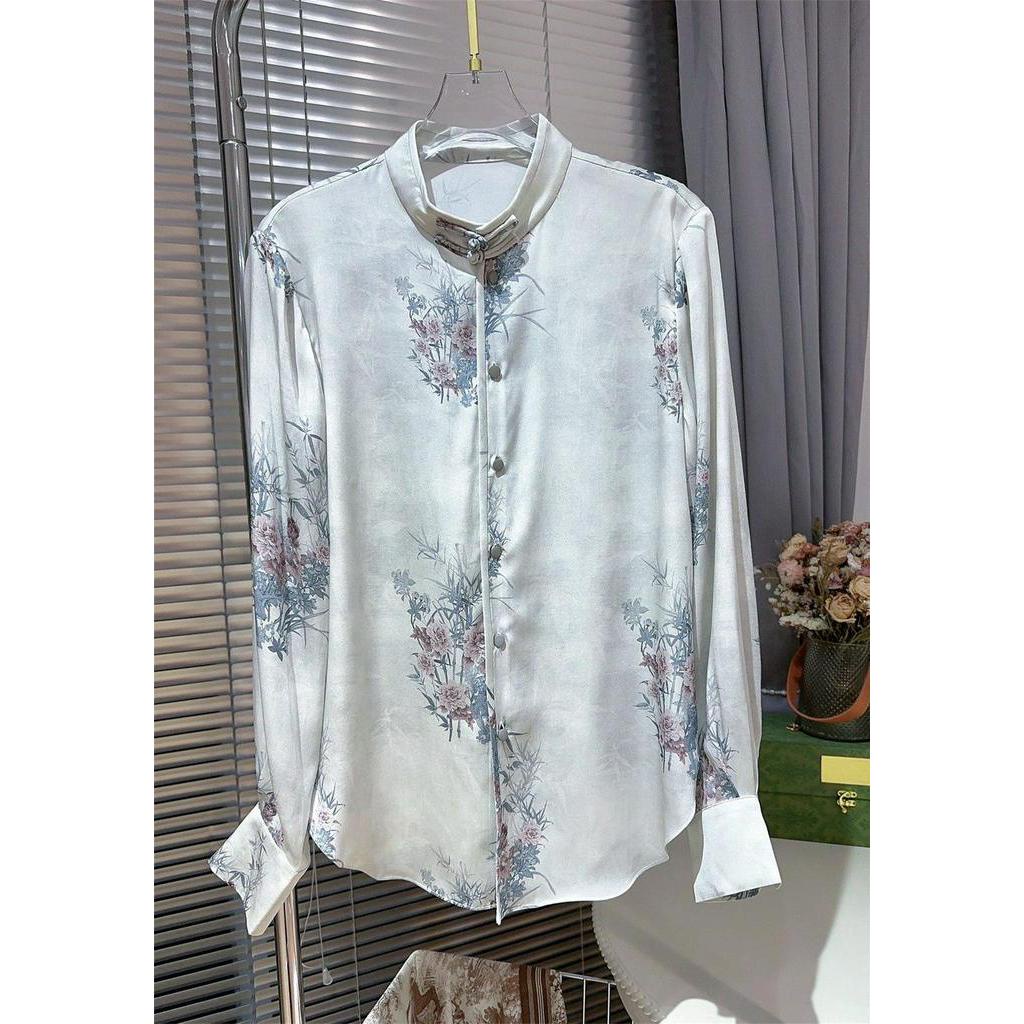 Áo Sơ Mi Lụa In Họa Tiết Mực Sáng Cổ Đứng Cài Nút Kiểu Trung Hoa Retro 2023 Cho Nữ