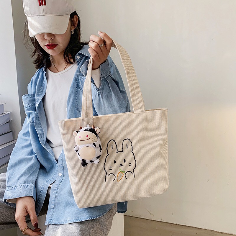 Túi tote vải nhung tăm đeo vai Hàn Quốc cao cấp có khoá miệng, Túi vải tote đi học in họa tiết Gấu xinh