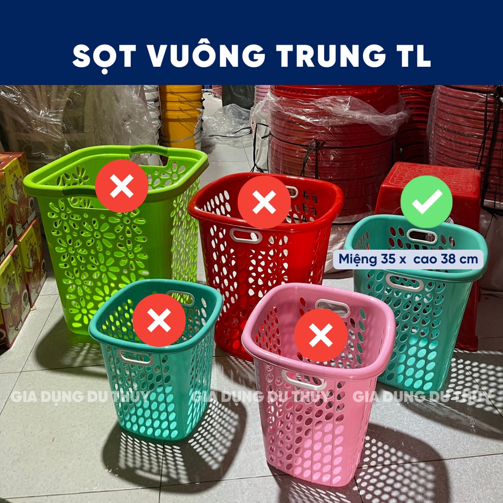 Sọt nhựa vuông đựng rác không nắp dùng đựng rác nhà bếp, rác quán ăn nhiều size màu xanh, đỏ, hồng của gia dụng Du Thủy