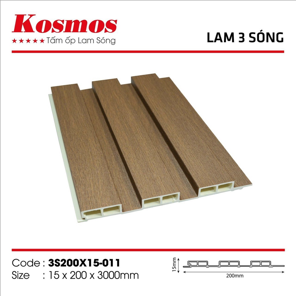 Lam sóng Kosmos, lam 3 sóng cao cấp trong nhà, nhựa nguyên sinh, kt 200x15x3000mm