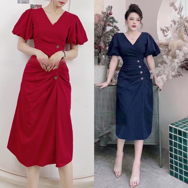 [Mã WASTMAY giảm 15% tối đa 30K đơn 150K] Đầm công sở cổ V tay búp phồng