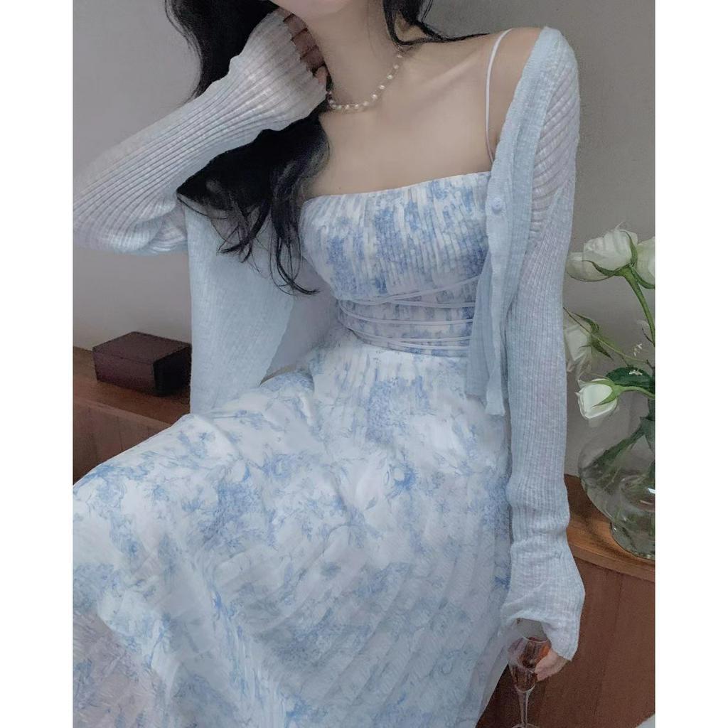 Set Đầm Hai Dây Và Áo Khoác Cardigan Họa Tiết Hoa Màu Xanh Dương Thời Trang Xuân Hè Cao Cấp 2023