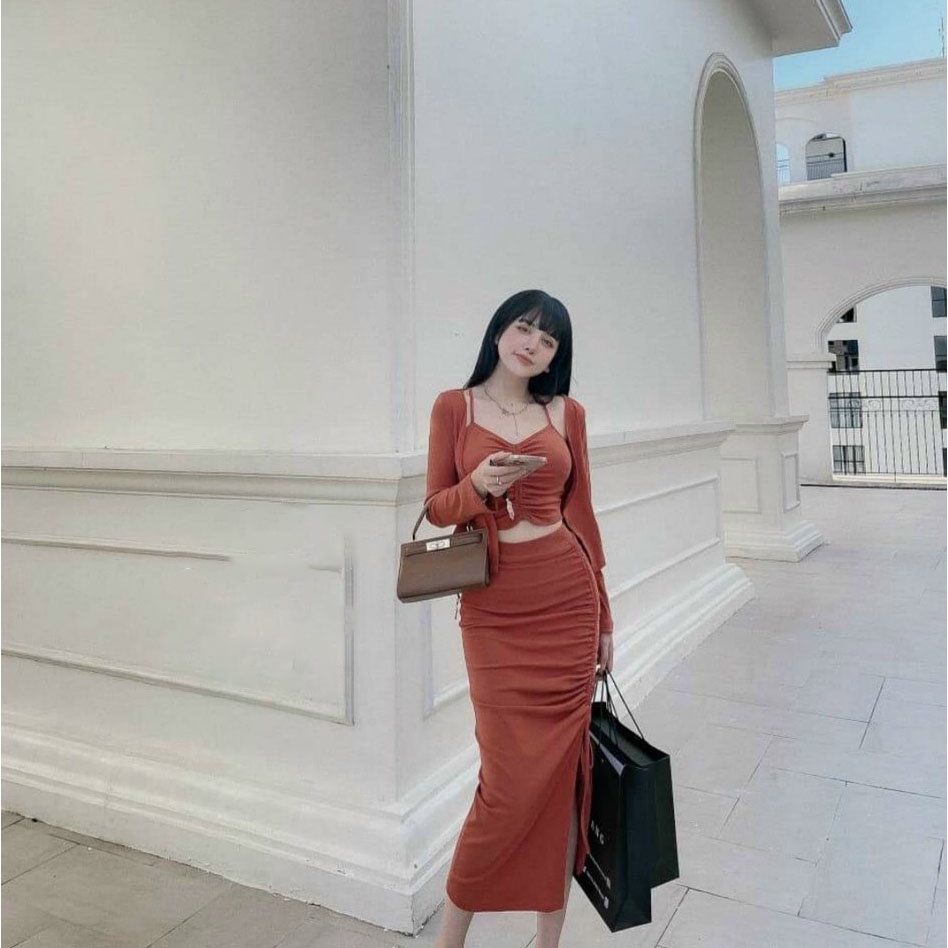 [HCM] Sét 3 Món Chân Váy Dài Dây Rút Kèm Áo Khoác Thời Trang Nữ Sam Closet Free Size 40-55kg