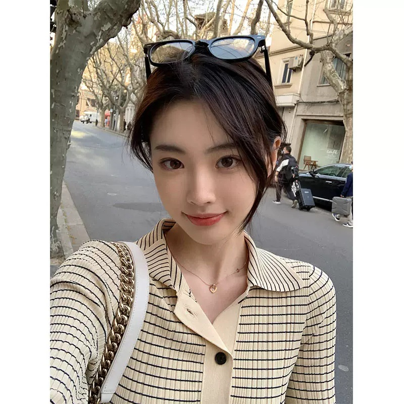 Áo cardigan ZHELIHANGFEI dệt kim cổ bẻ họa tiết kẻ sọc thanh lịch thời trang dành cho nữ