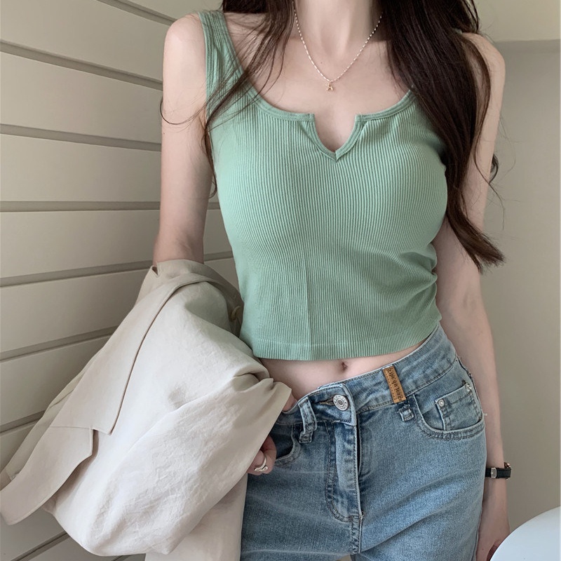 Áo croptop SUXI sát nách màu sắc đơn giản chất liệu cotton mỏng nhẹ có mút đệm ngực thời trang cho nữ
