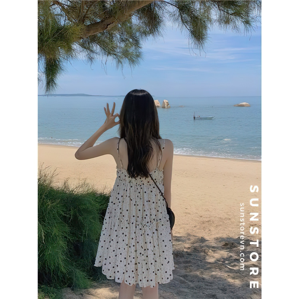 Đầm hoa nhí 2 dây dáng ngắn mini váy xoè màu trắng kèm áo khoác croptop len mỏng Ulzzang