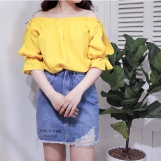 Áo bệt vai ,áo trễ vai nữ thất nơ còn màu vàng duy nhất cực xinh-áo kiểu ,áo voan -áo baby doll