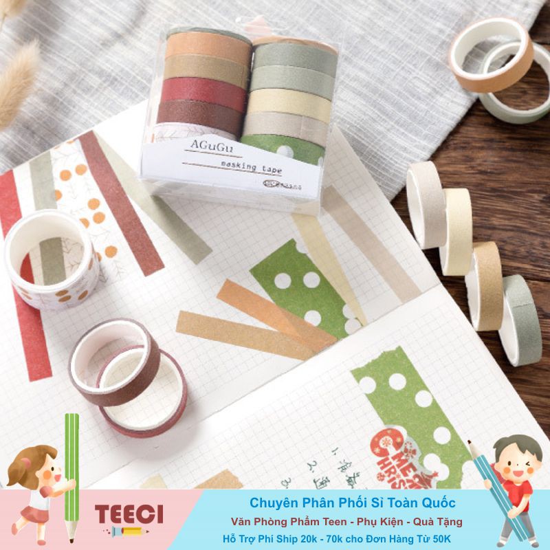 &lt;Ảnh Thật Shop Chụp&gt; Hộp 10 Cuộn Băng Keo Washi Tape Cơ Bản DIY Trang Trí Bullet Journal, Nhật Ký, Sổ Lưu Niệm Teeci676