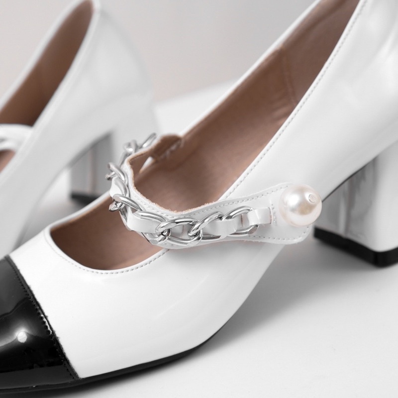 [JOIEHOME] Giày maryjane trắng mũi đen chất da bóng mềm