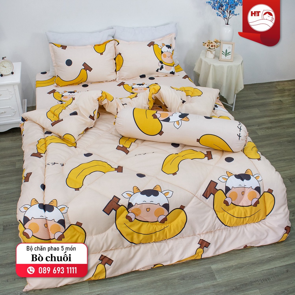 Bộ Chăn Phao Ga Gối Poly cotton 5 Món [1 Chăn phao + 1 Ga chun + 2 Vỏ gối nằm + 1 Vỏ gối ôm]