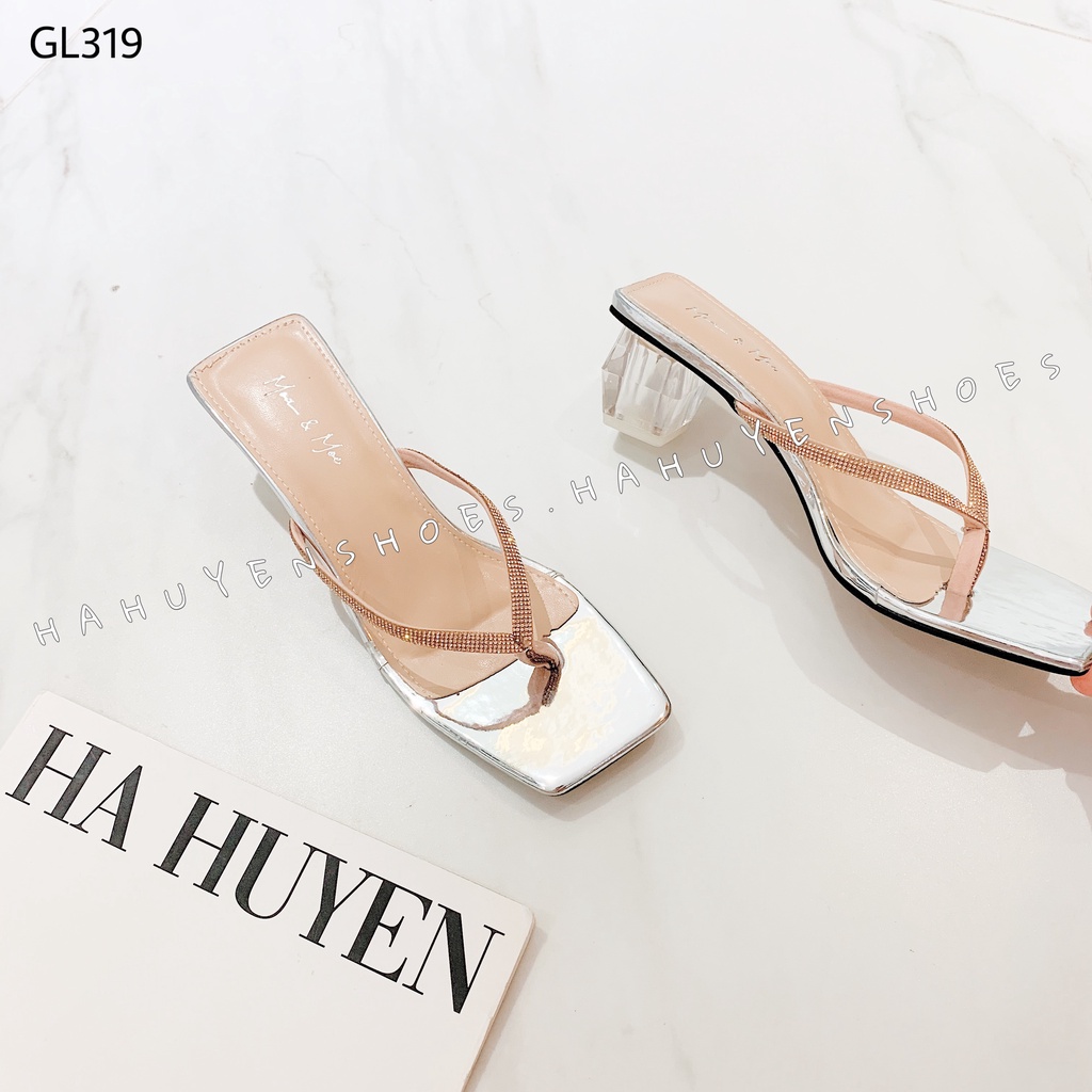 Guốc lê nữ HHS quai V đá gót vuông trong 5 phân Hà Huyền Shoes - GL319