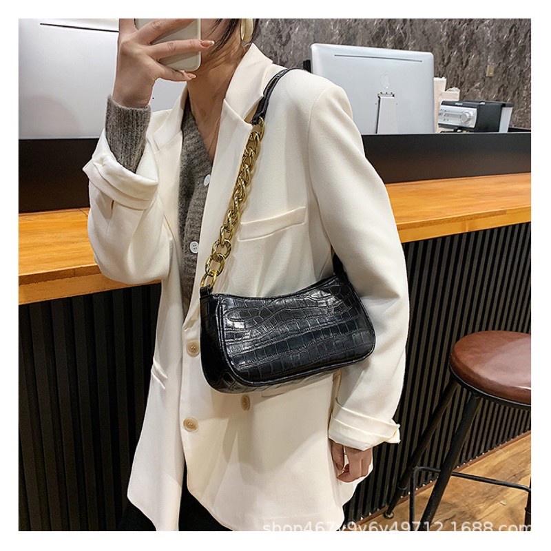 Túi đeo chéo, túi kẹp nách nữ đeo vai dây da phối xích phong cách Hàn Quốc kèm