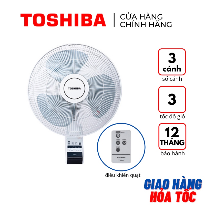 Quạt treo tường Toshiba F-WSA20(H)VN 3 cánh có remote hẹn giờ tắt màu xám - Bảo hành hãng 12 tháng