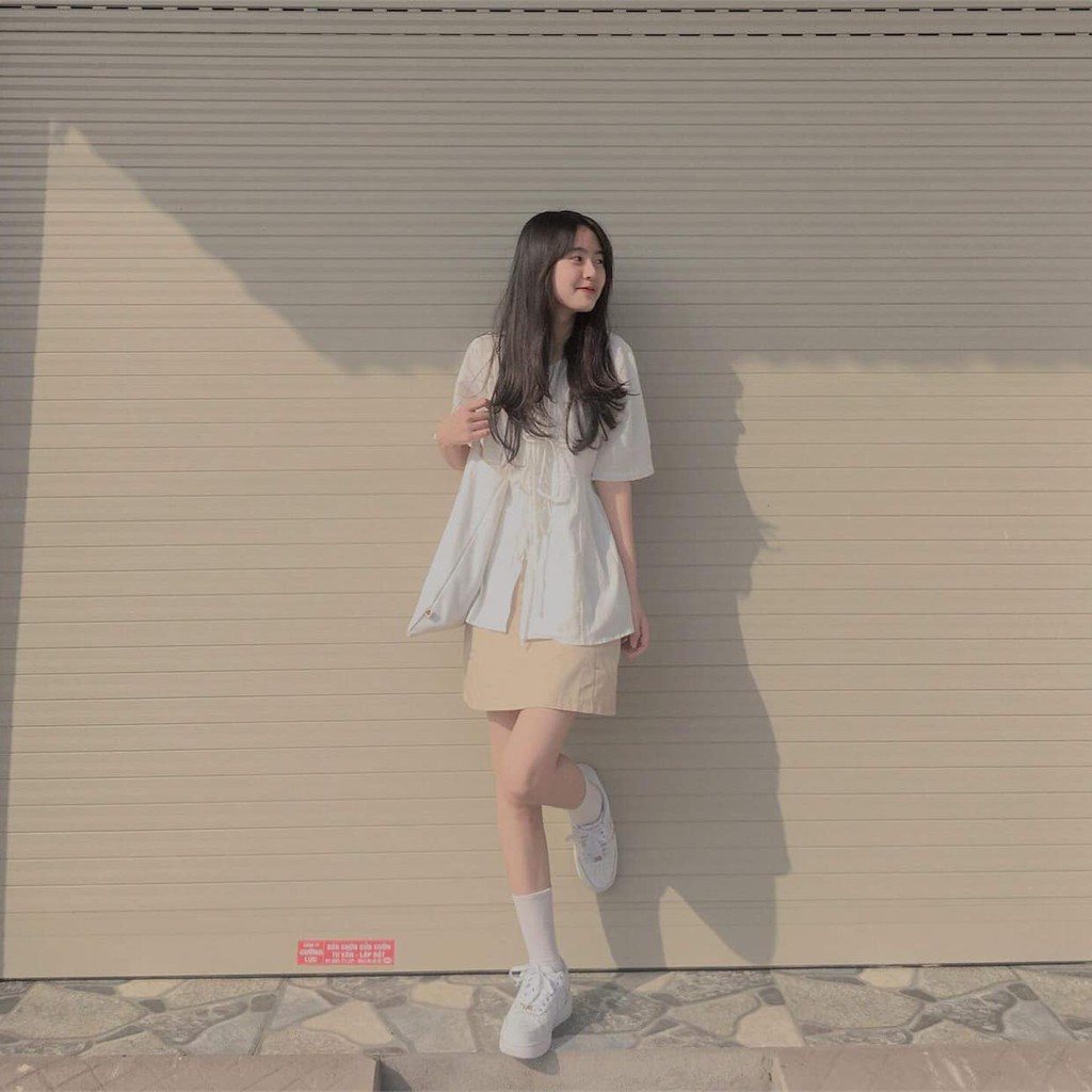 Set trang phục chân váy áo babydoll trắng buộc dây (có ảnh thật- Không bán rời)[EGANDA] | BigBuy360 - bigbuy360.vn