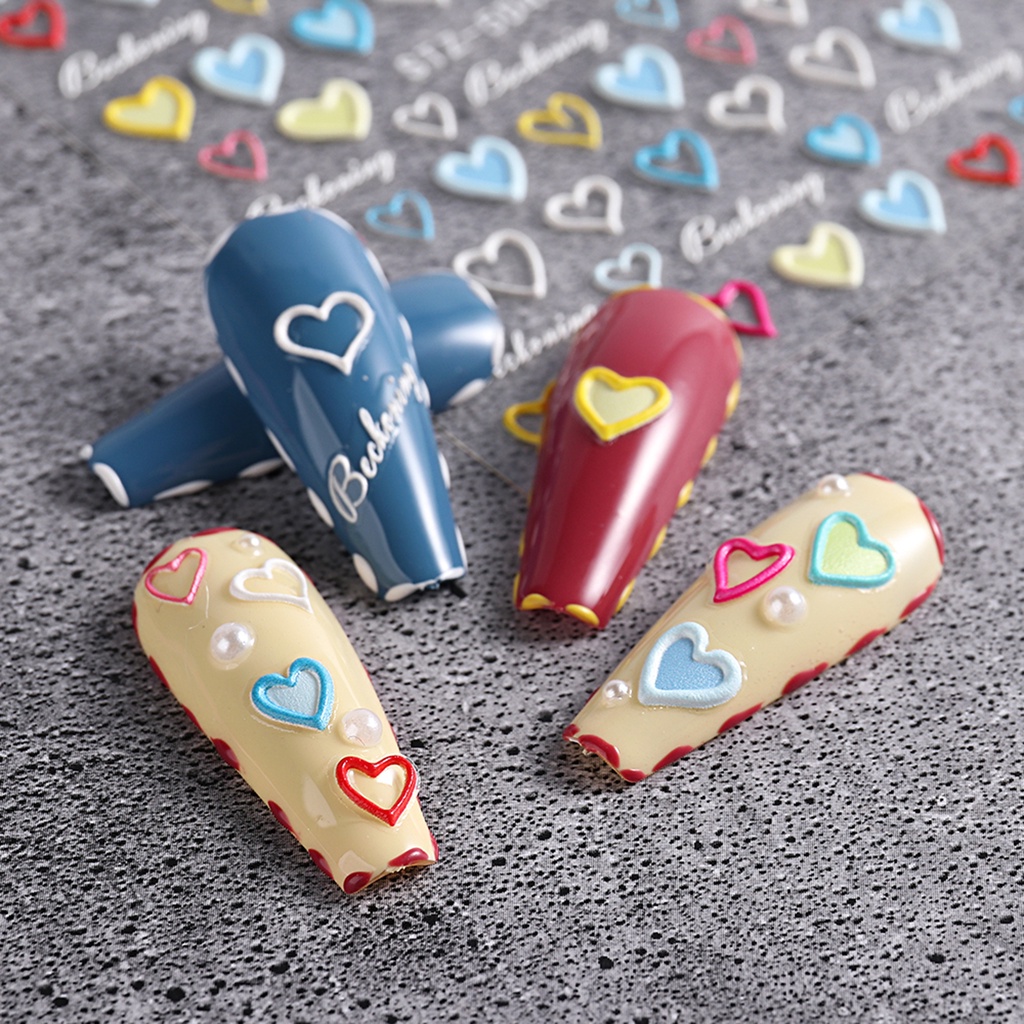 Miếng Dán Móng Tay 3D Bằng PET Chống Nước Họa Tiết Hoa Trái Tim Đơn Giản Sáng Tạo