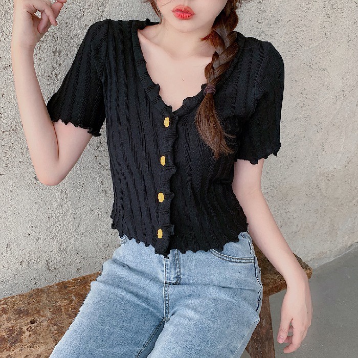 Áo cardigan ZHELIHANGFEI dệt kim viền xếp nếp tay ngắn cài nút kiểu hoa xinh xắn