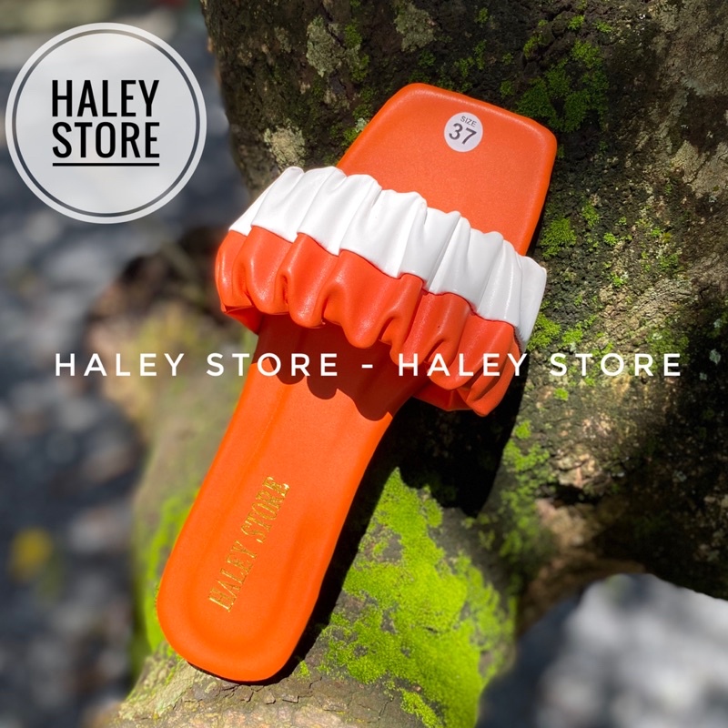 Dép nữ HALEY STORE mũi vuông đế bệt quai ngang nhún nhúm nhung bèo phối nhiều màu hot bò sữa hồng hottrend