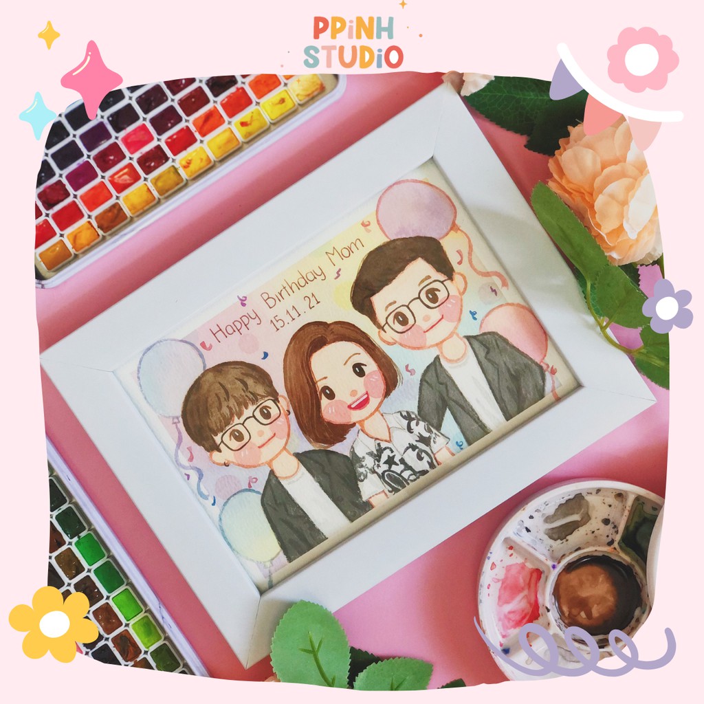 Tranh Vẽ Chân Dung Chibi Theo Yêu Cầu, Kèm Khung Gỗ