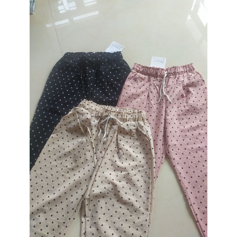 Quần baggy nữ cạp chun vải đũi chấm bi - Mã 009