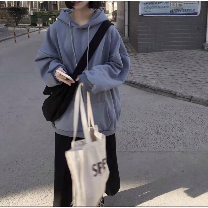 Áo Hoodie Trơn Nỉ Lót Bông Xám Xanh Unisex